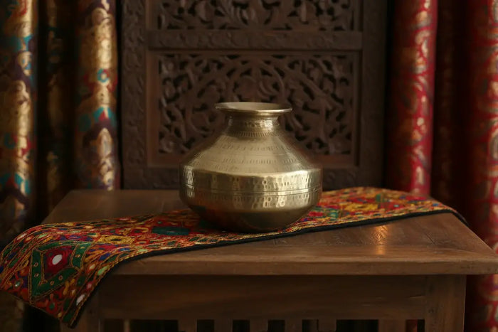 Handcrafted hammered brass kalash pot with traditional rounded design