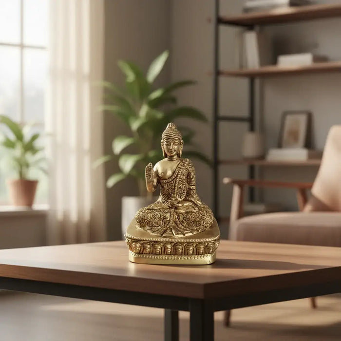 Brass Meditating Buddha Idol in Abhaya Mudra – Symbol of Peace   Brass Ware