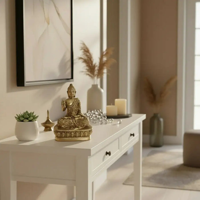 Brass Meditating Buddha Idol in Abhaya Mudra – Symbol of Peace   Brass Ware