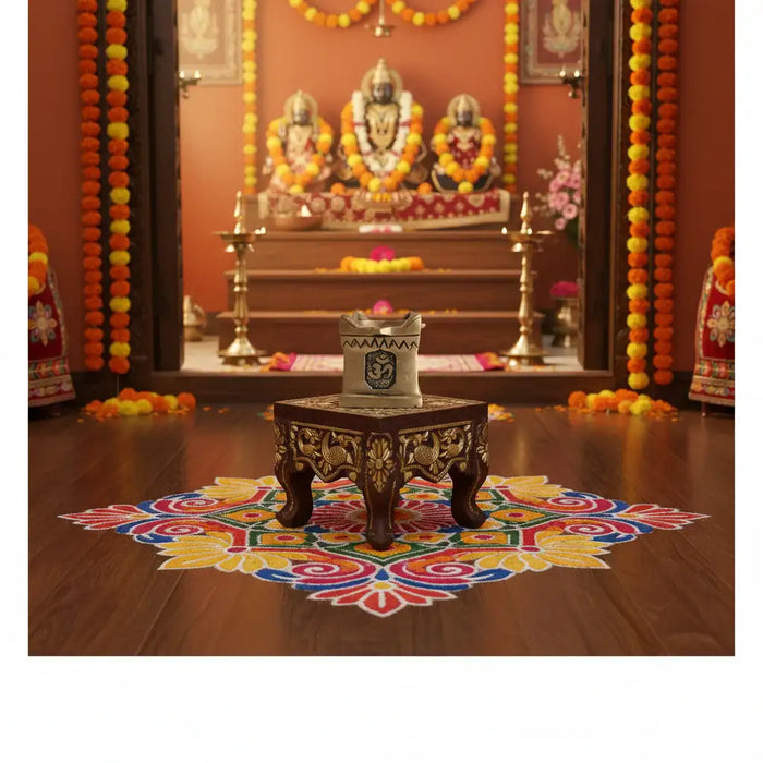 Decorative brass multi wick diya with Om symbols, religious brass lamp.