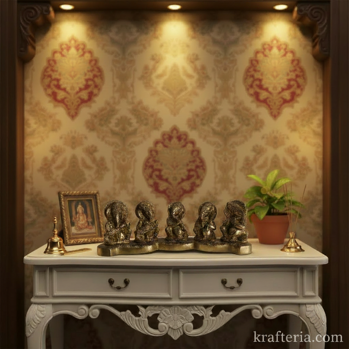 Brass Musical Ganesha Set – 5 Piece Divine Orchestra on Single Pedestal   Brass Artwork