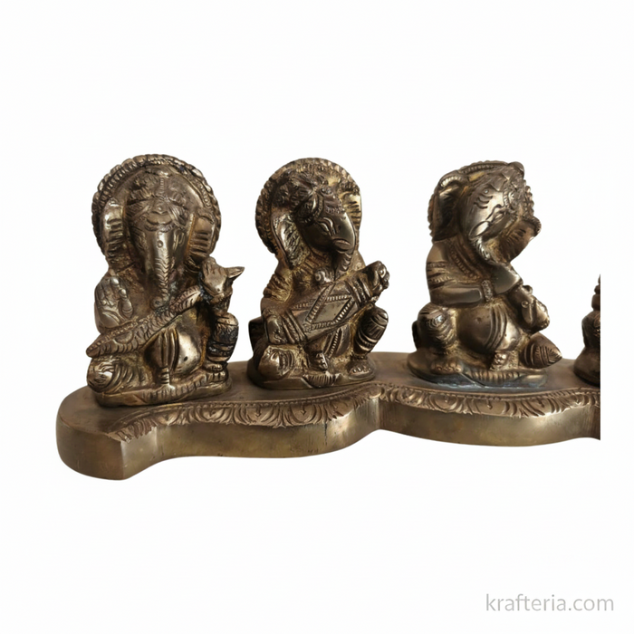 Brass Musical Ganesha Set – 5 Piece Divine Orchestra on Single Pedestal   Brass Artwork