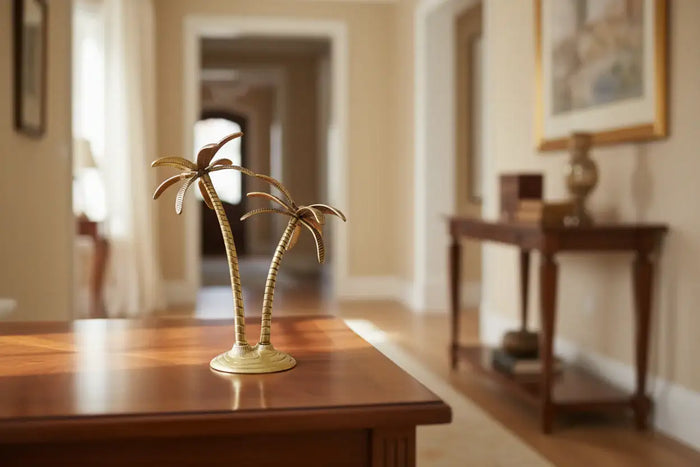 Elegant brass palm tree decor accent for tabletops and home.