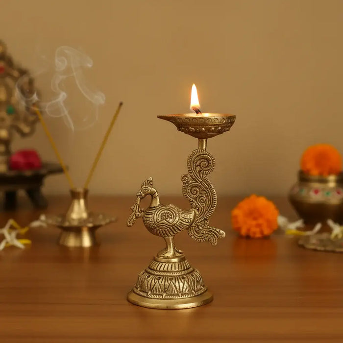 Brass Peacock Diya Lamp (Mayur Deep) - Traditional Indian Oil Lamp   Brass Ware