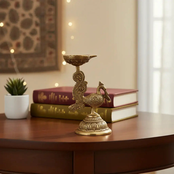 Brass Peacock Diya Lamp (Mayur Deep) - Traditional Indian Oil Lamp   Brass Ware