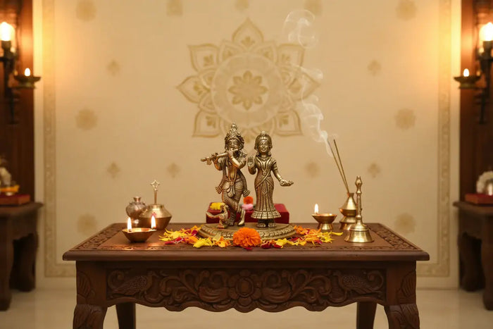 Brass Radha Krishna Idol with Flute – Embodiment of Eternal Love and Divine Bliss   Brass Ware