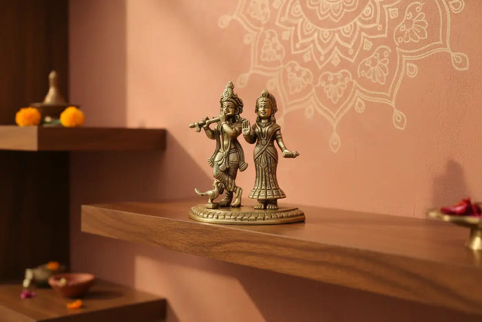 Brass Radha Krishna Idol with Flute – Embodiment of Eternal Love and Divine Bliss   Brass Ware