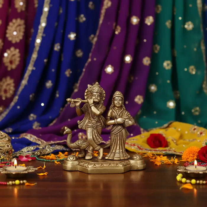 Brass Radha Krishna Idol with Flute and Peacock – Symbol of Eternal Love and Devotion   Brass Ware