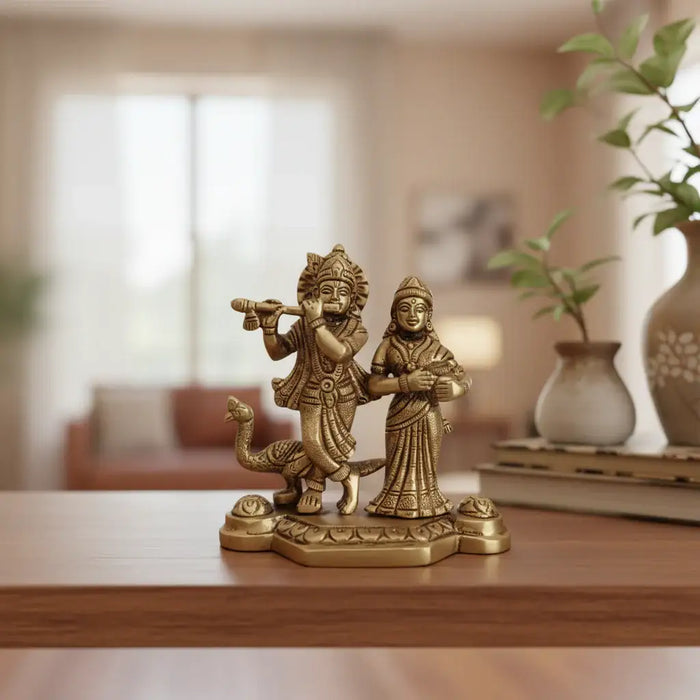 Brass Radha Krishna Idol with Flute and Peacock – Symbol of Eternal Love and Devotion   Brass Ware