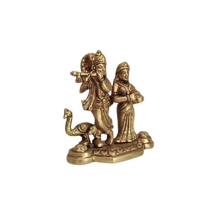 Brass Radha Krishna Idol with Flute and Peacock – Symbol of Eternal Love and Devotion   Brass Ware