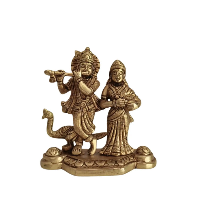 Brass Radha Krishna Idol with Flute and Peacock – Symbol of Eternal Love and Devotion   Brass Ware