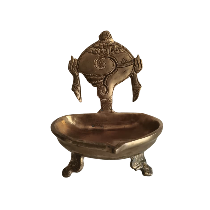 Brass shankh chakra diya set, auspicious spiritual oil lamps for home decor.