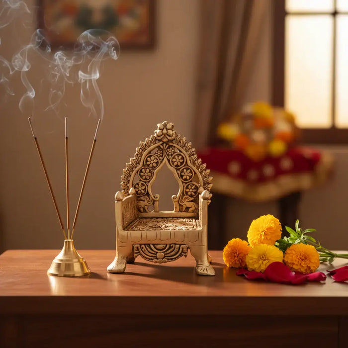 Brass Miniature Throne Simhasan – Handcrafted Traditional Indian Simhasana for Idols   Brass Ware