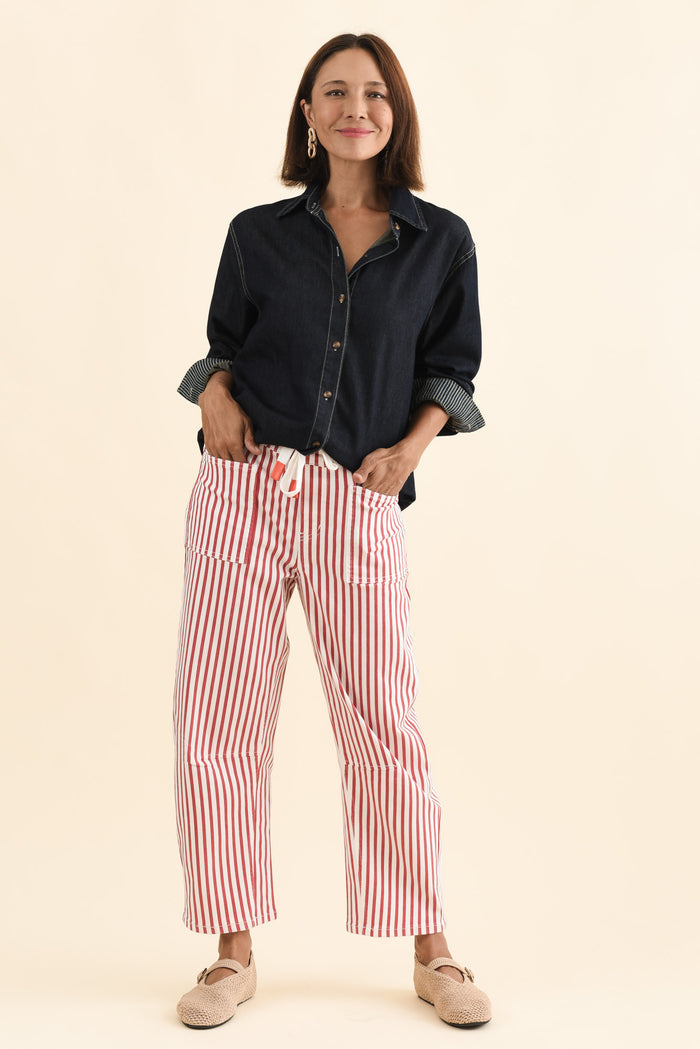 Breslin Rust Stripe Barrel Jeans,Brunette model,alt text|model:Cara