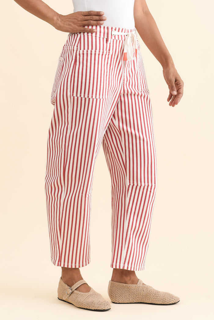 Breslin Rust Stripe Barrel Jeans,Brunette model,alt text|model:Cara