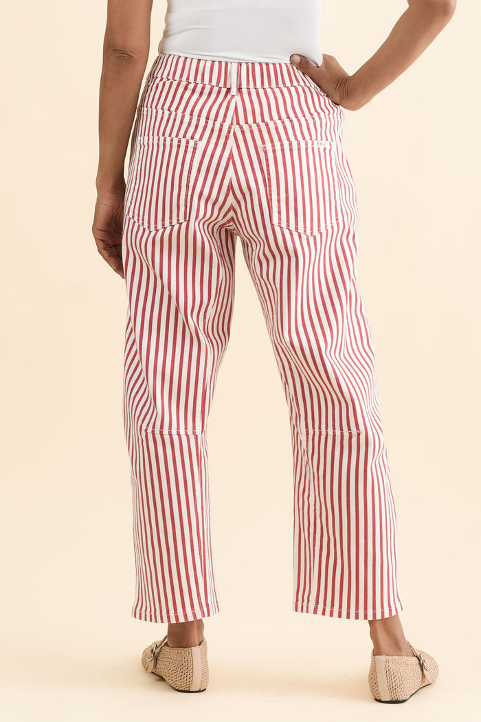 Breslin Rust Stripe Barrel Jeans,Brunette model,alt text|model:Cara