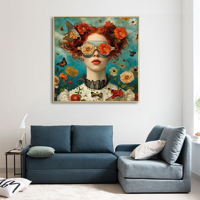 BRIDGET WITH FLOWERS & BUTTERFLIES BRUSHED PAINT CANVAS FRAMED WALL DECOR