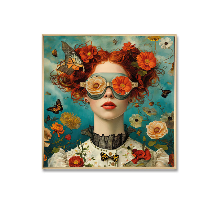BRIDGET WITH FLOWERS & BUTTERFLIES BRUSHED PAINT CANVAS FRAMED WALL DECOR
