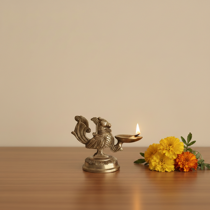 Brass Hamsa (Annapakshi) Table Diya, a traditional brass oil lamp.