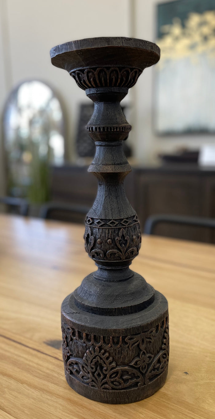 CARVED BOHO CANDLE HOLDER BLACK - LARGE