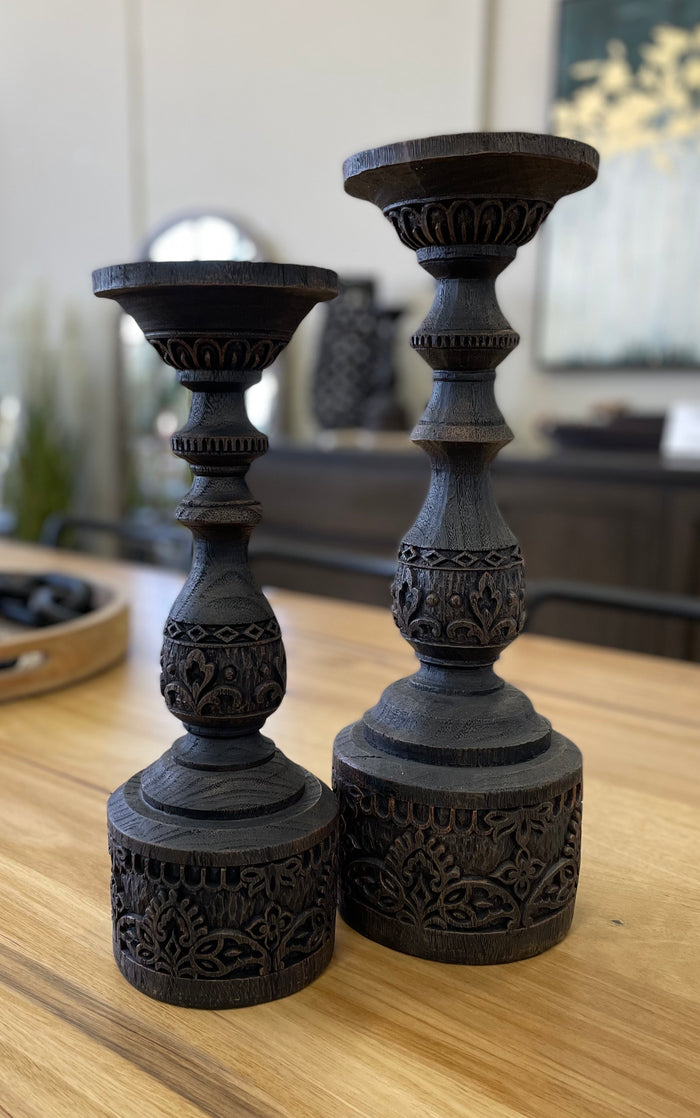 CARVED BOHO CANDLE HOLDER BLACK - LARGE