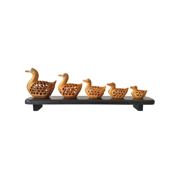 Charming Wooden Jali Work Duck Family Sculpture on Display Base   Wood Decorative