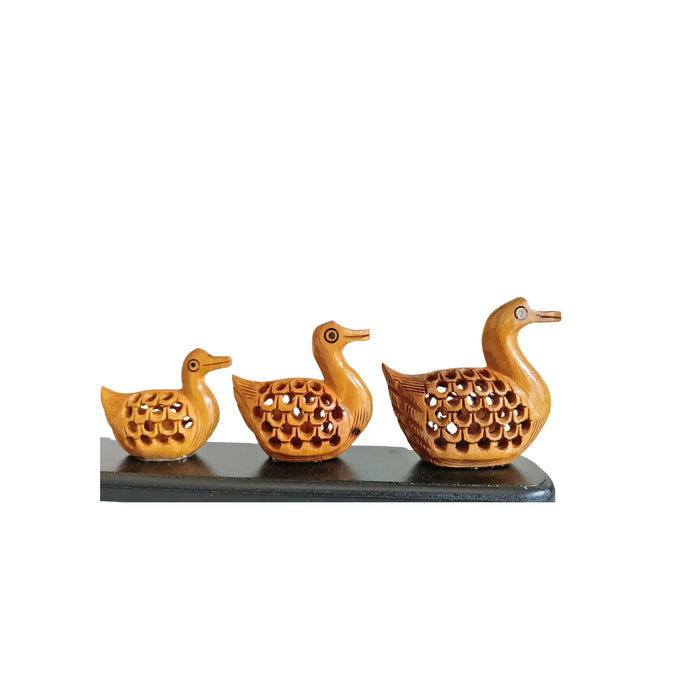 Charming Wooden Jali Work Duck Family Sculpture on Display Base   Wood Decorative