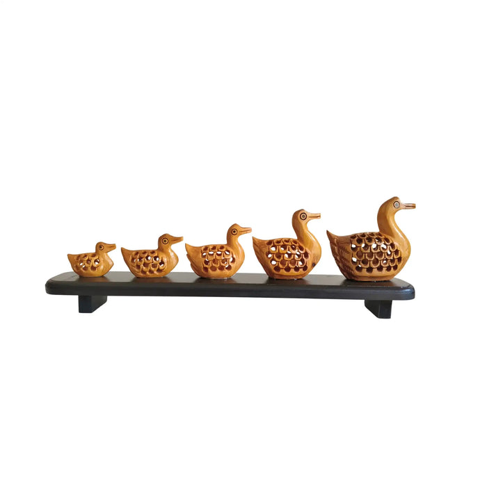 Charming Wooden Jali Work Duck Family Sculpture on Display Base   Wood Decorative