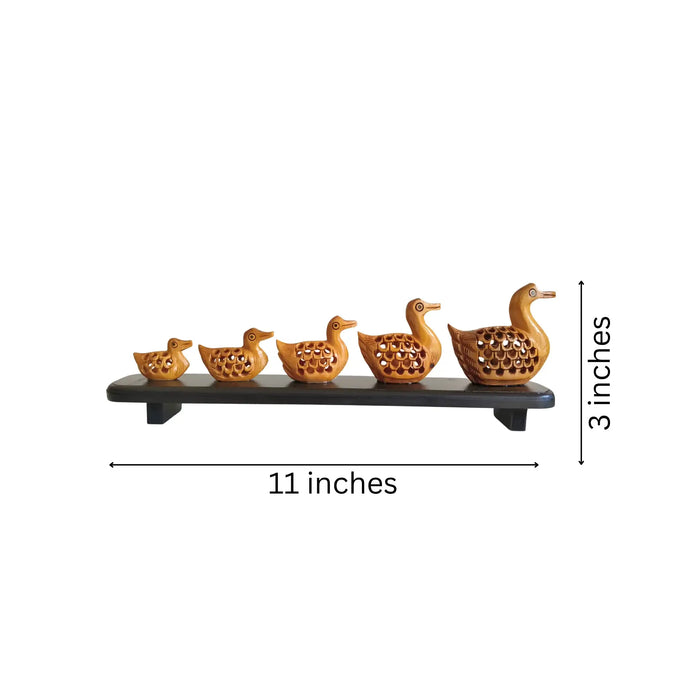 Charming Wooden Jali Work Duck Family Sculpture on Display Base   Wood Decorative