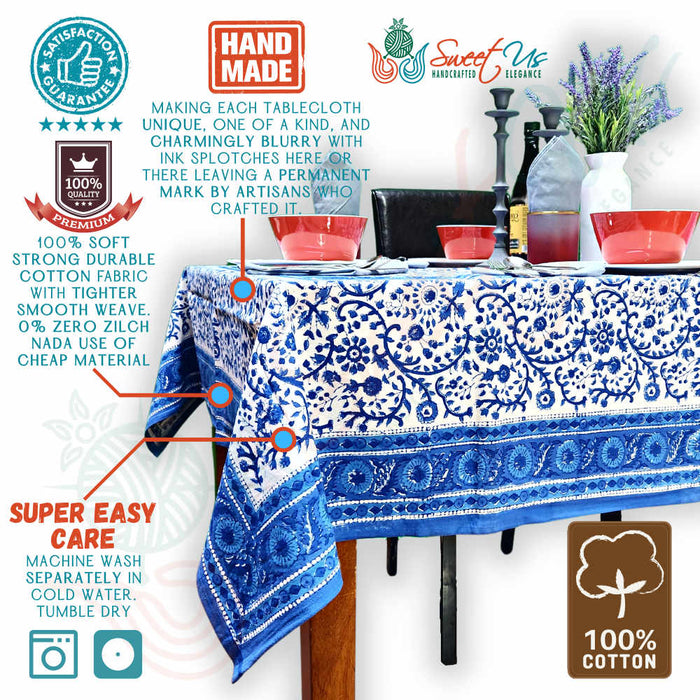 Begonia Floral Block Print Cotton Tablecloth Collection, Tiffany Blue - Sweet Us