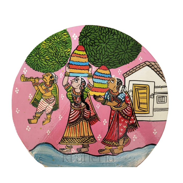 Cheriyal Bathukamma Festival Painting depicting vibrant village life, a circular wall decor.