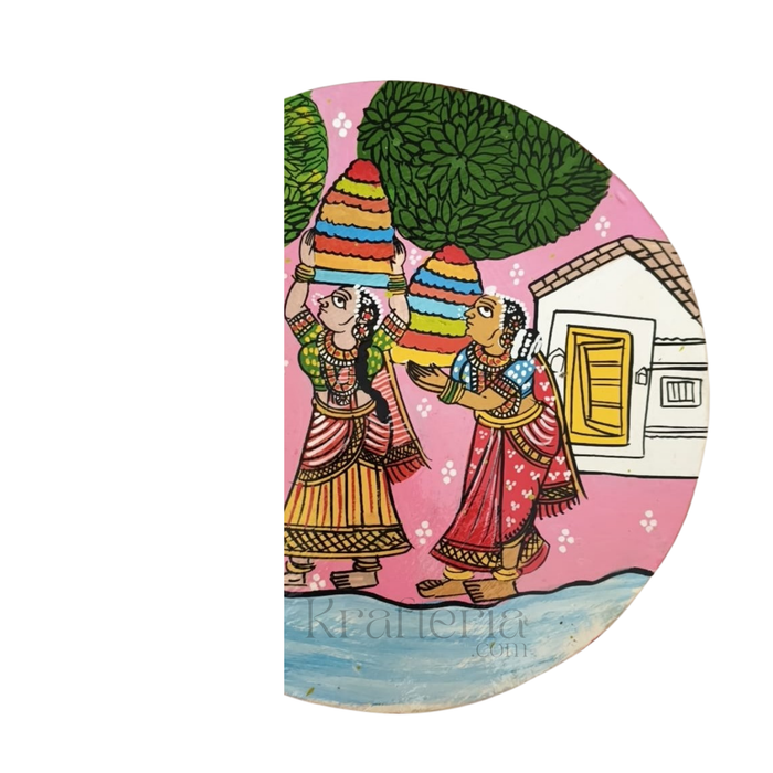 Cheriyal Bathukamma Festival Painting of a vibrant village scene, round wall decor.