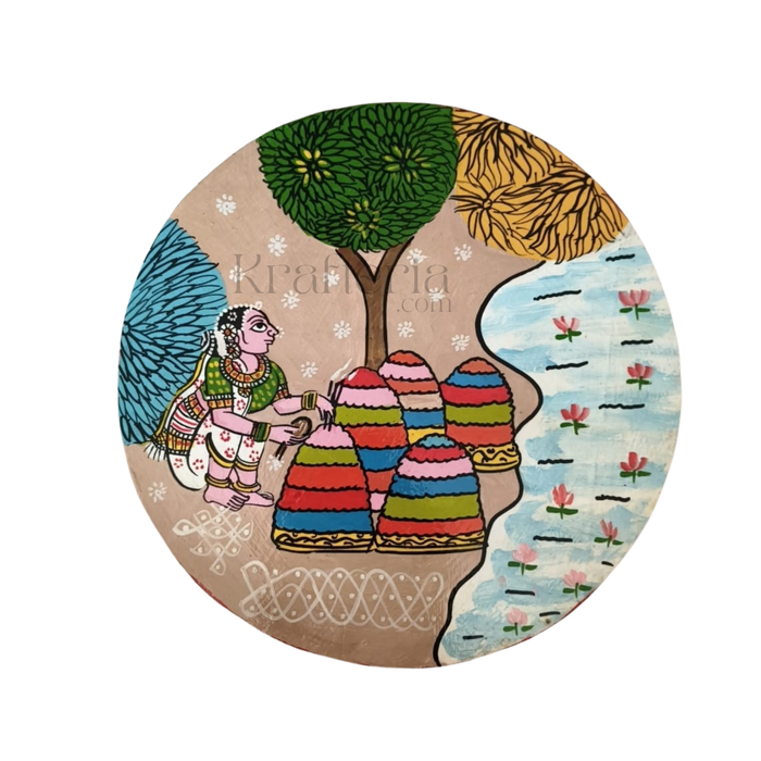 Cheriyal Bathukamma Pooja Painting – Round Ethnic Wall Art   wall decor