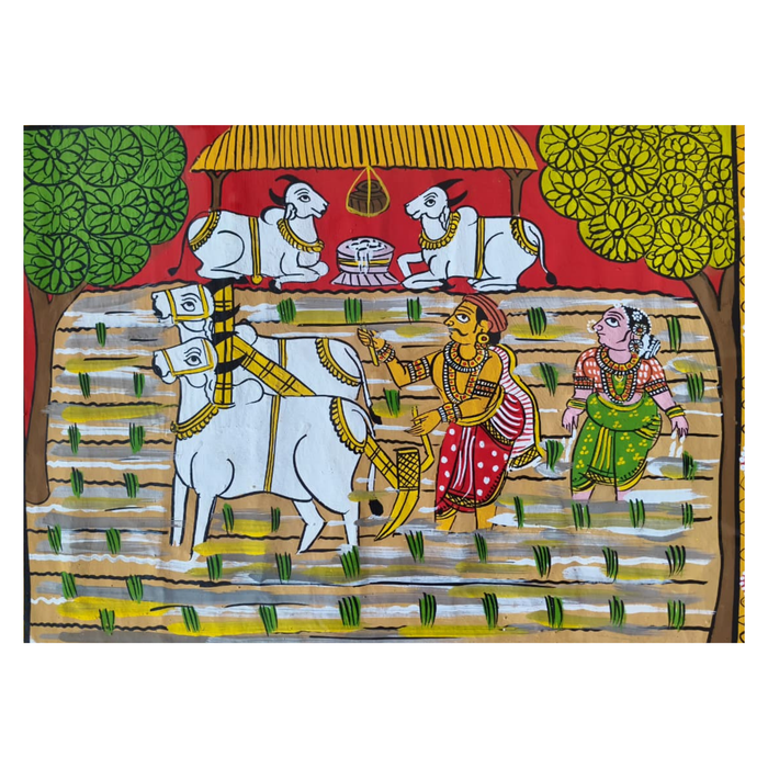 Hand-Painted Paddy Cultivation Cheriyal Painting – Telangana Farming Art   Cheriyala Painting
