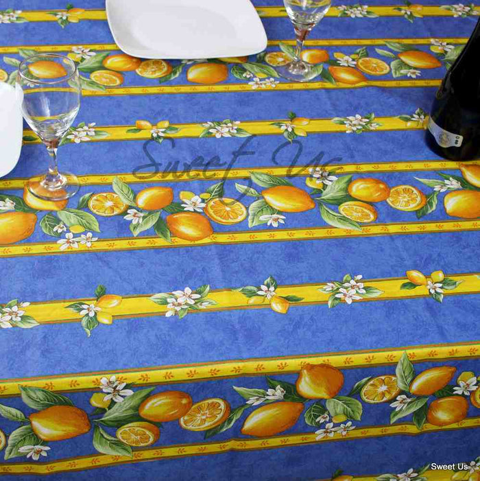 Wipeable Acrylic Coated Cotton Tablecloth Rectangle Lemon Blue, Green, Orange - Sweet Us