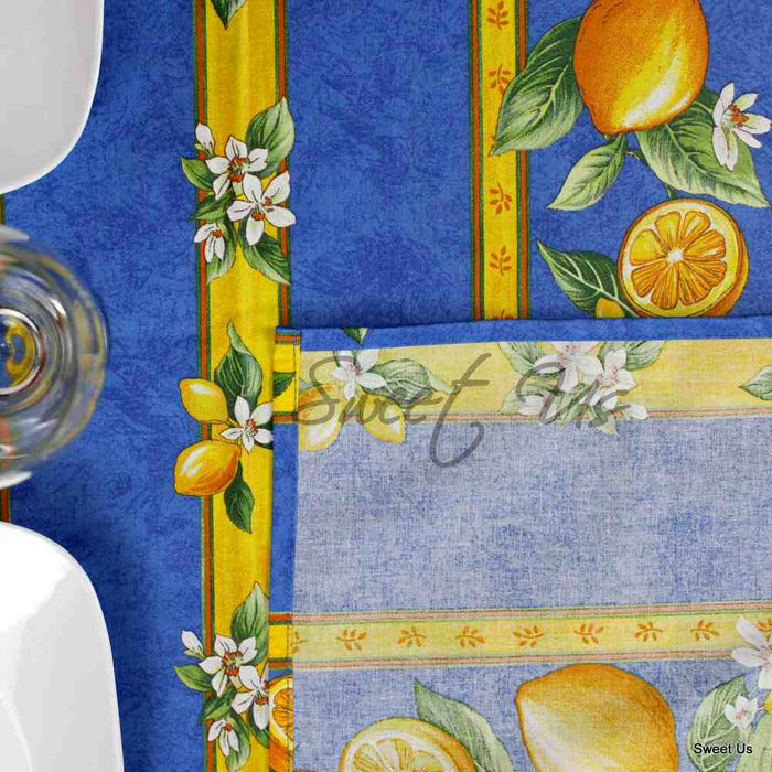 Wipeable Acrylic Coated Cotton Tablecloth Rectangle Lemon Blue, Green, Orange - Sweet Us