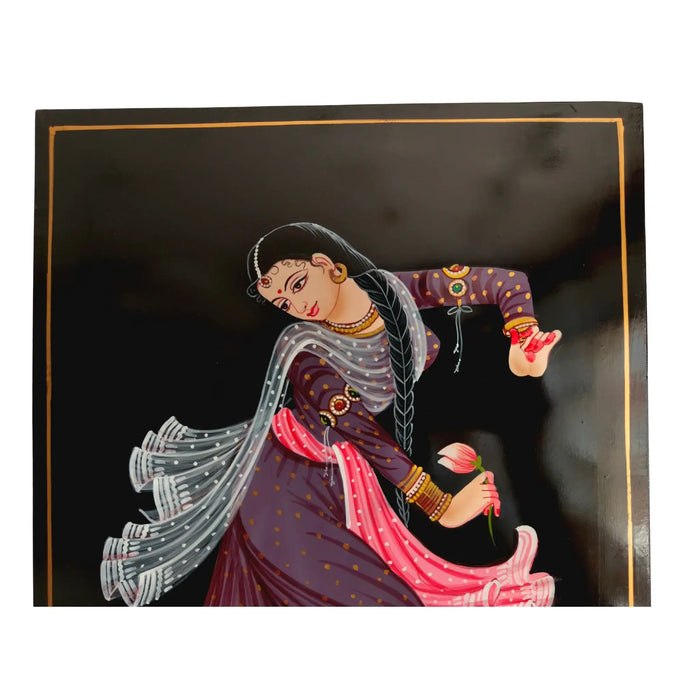 Classical dancer with lotus, vibrant Nirmal painting.