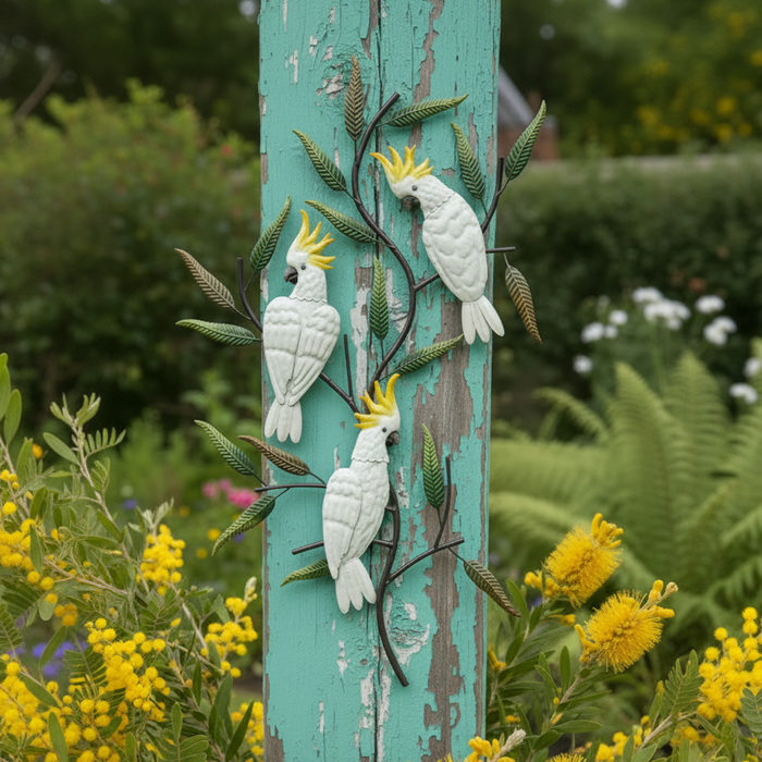 COCKATOOS ON A TREE VERTICAL- METAL WALL DECOR