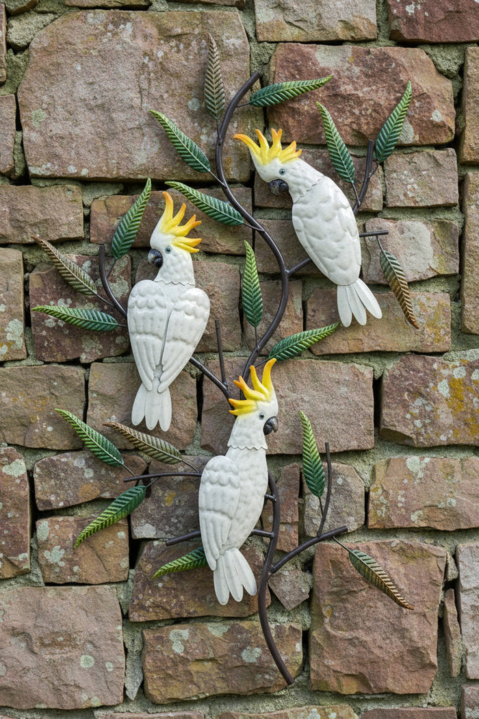 COCKATOOS ON A TREE VERTICAL- METAL WALL DECOR