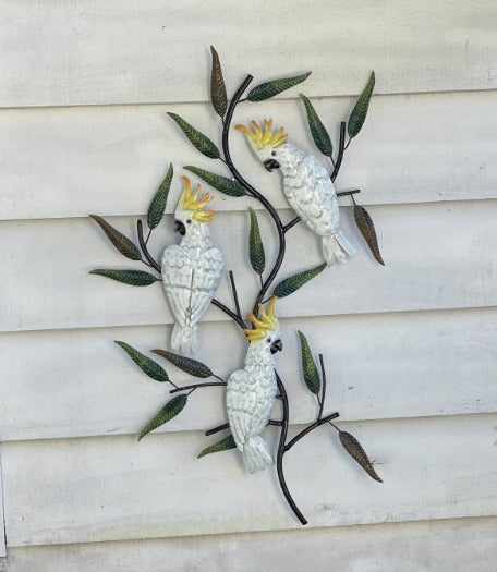 COCKATOOS ON A TREE VERTICAL- METAL WALL DECOR