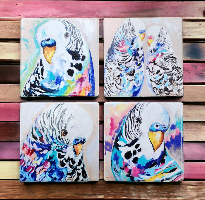 Colourful Budgies 4pc Coaster set - Artist Lab