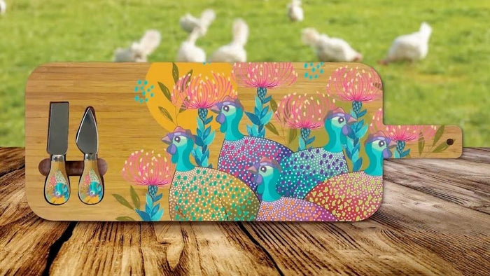 COLOURFUL GUINEA FOWLS - BAMBOO SERVING PLATTER