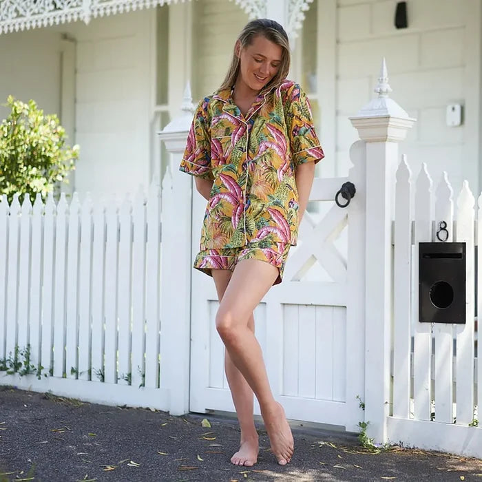 COTTON 2PC PYJAMA SET - SHORT - PEACOCK PARADISE MUSTARD
