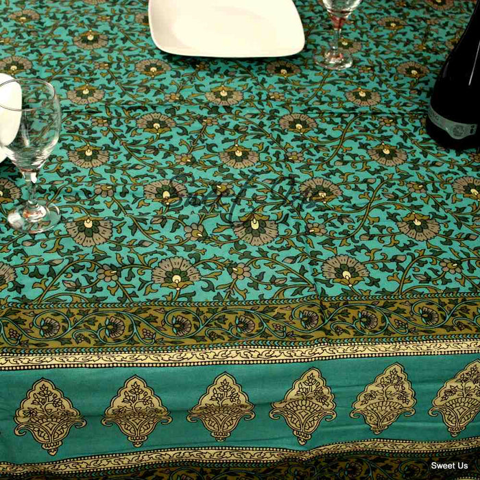 Cotton Floral Tablecloth for Rectangle Tables Turquoise Kitchen Dining Linen - Sweet Us