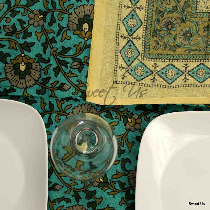 Cotton Floral Tablecloth for Rectangle Tables Turquoise Kitchen Dining Linen - Sweet Us