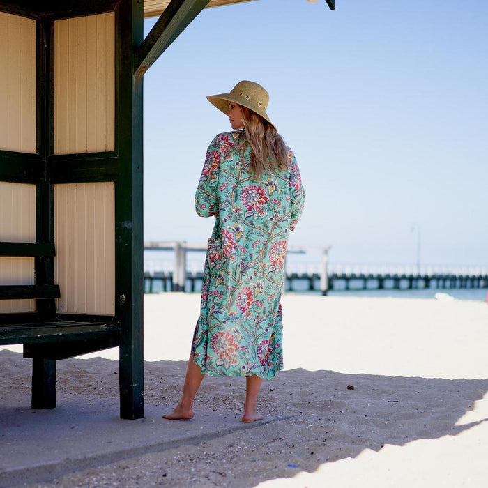 COTTON KIMONO / BATHROBE - Aqua Blue Lotus Blooms
