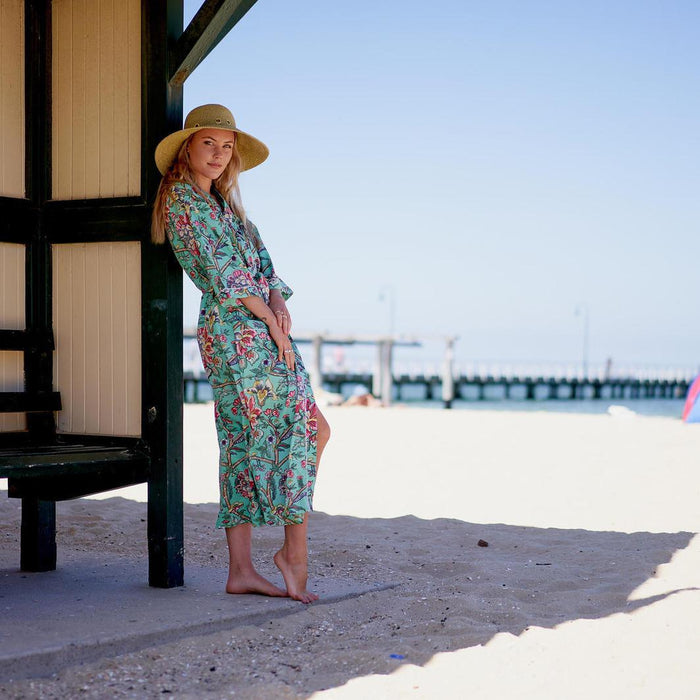 COTTON KIMONO / BATHROBE - Aqua Blue Lotus Blooms