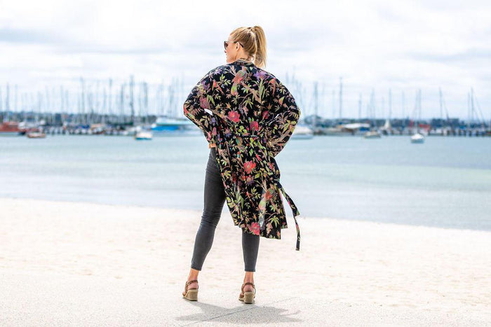 COTTON KIMONO / BATHROBE -  Bird of paradise - Black