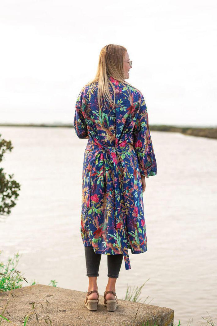 COTTON KIMONO / BATHROBE -  Bird of paradise - Royal Blue