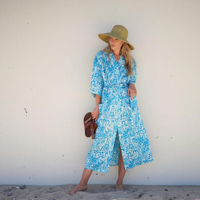 COTTON KIMONO / BATHROBE - Bohemian Art Bright Blue